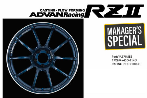 Advan RZII Wheel 17x9 5x114.3 45mm Racing Indigo Blue & Ring