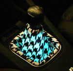 LED Bluetooth Houndstooth Shift Boot, Brake Boot & Seat Belt Covers, Comes custom made, sized to each buyers car designed to fit universally