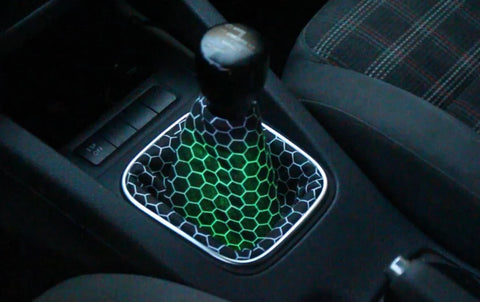 LED Bluetooth Black Honeycomb Shift Boot, Brake Boot & Seat Belt Covers, Comes custom made sized to each buyers car designed to fit